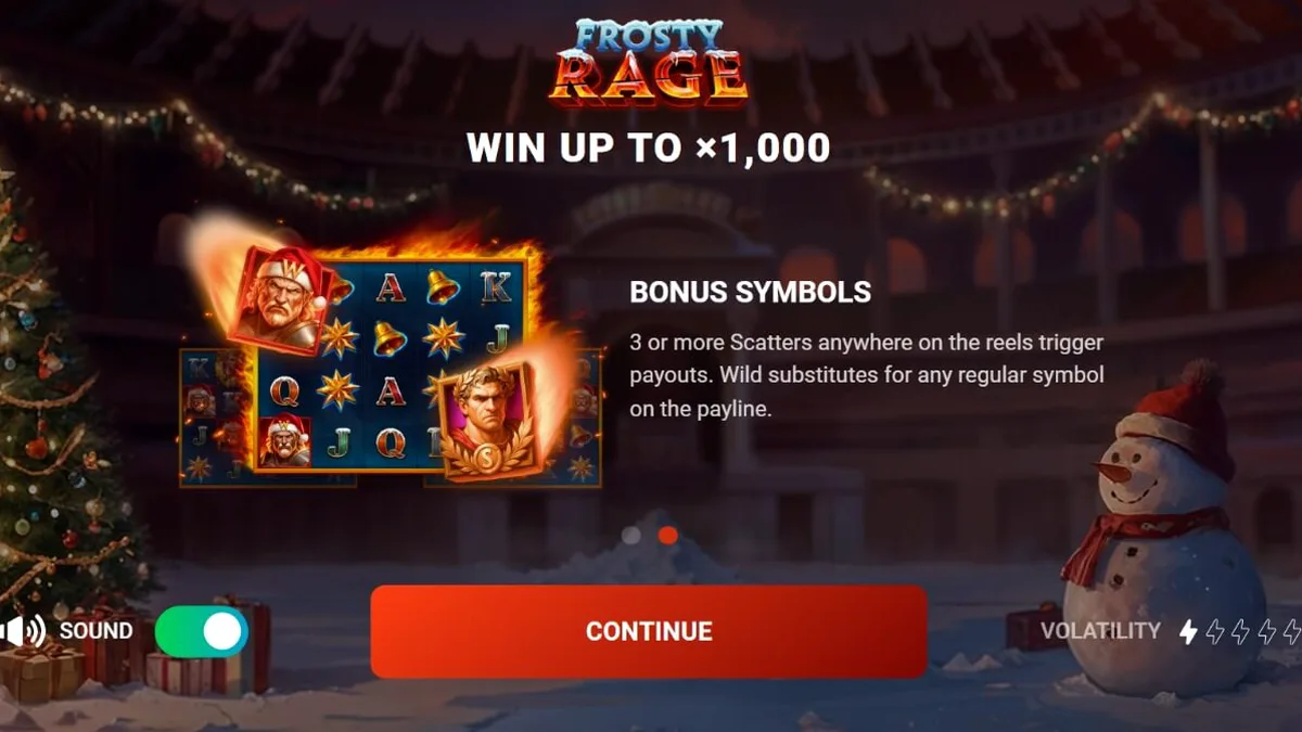 Tampilan layar slot Frosty Rage di perangkat seluler dengan tema gladiator Natal