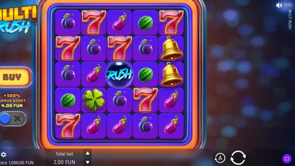 Tampilan visual neon retro dari slot Multi Rush dengan simbol buah dan lucky 7s.