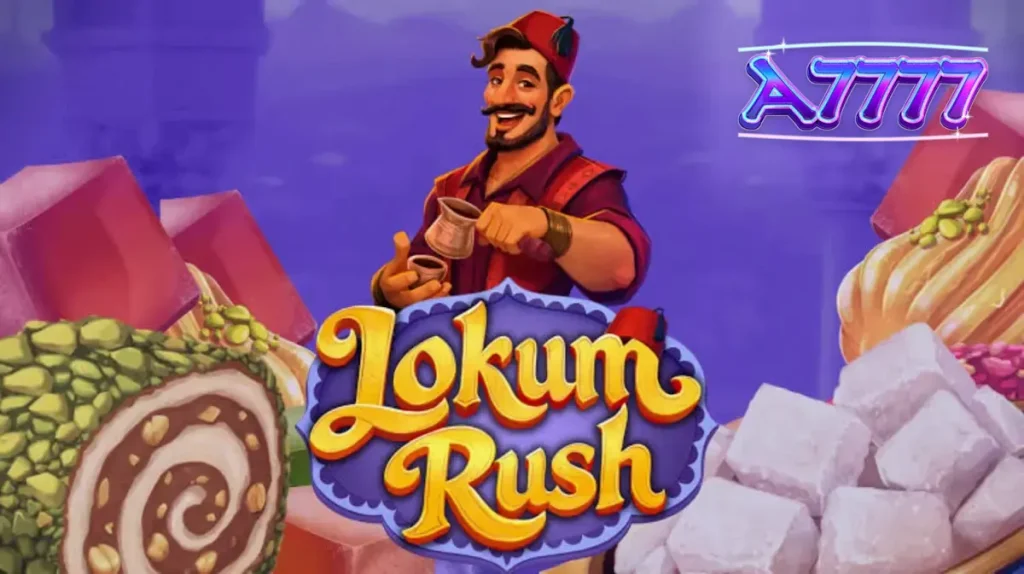 Tampilan visual slot Lokum Rush dengan tema toko manisan Turki yang penuh warna.